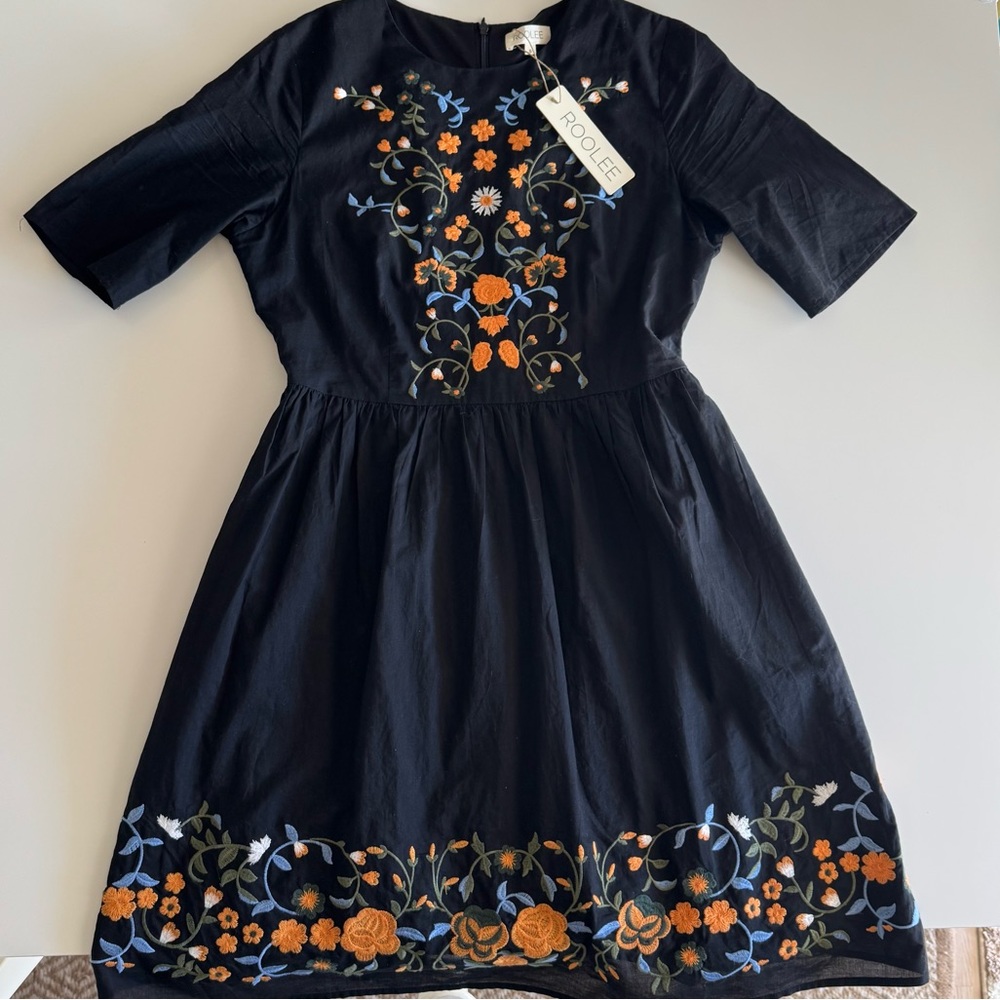 Roolee Black Dress with Orange Floral Embroidery